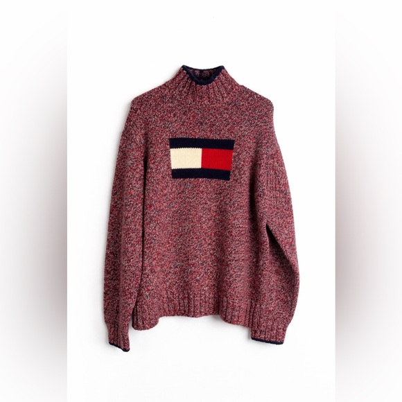 Y2K Men’s Cashmere Tommy Hilfiger Flag Sweater Chunky Knit Turtleneck Pullover
